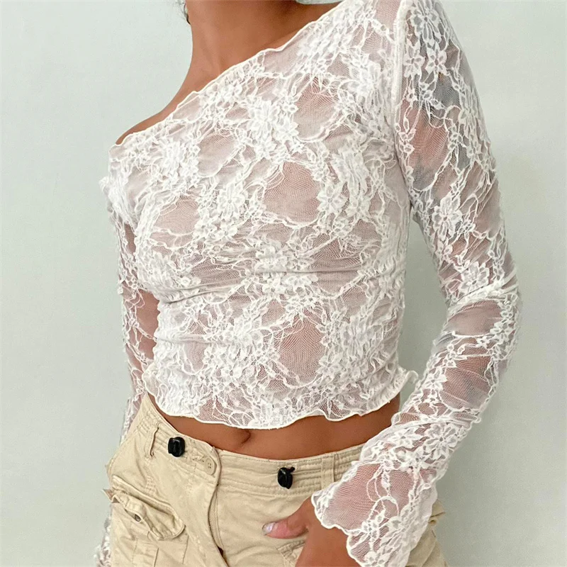 Xingqing Women Lace Top y2k Clothing See Through Floral Hollow Out Round Neck Long Sleeve Ruffle Hem Mesh T Shirt Streetwear