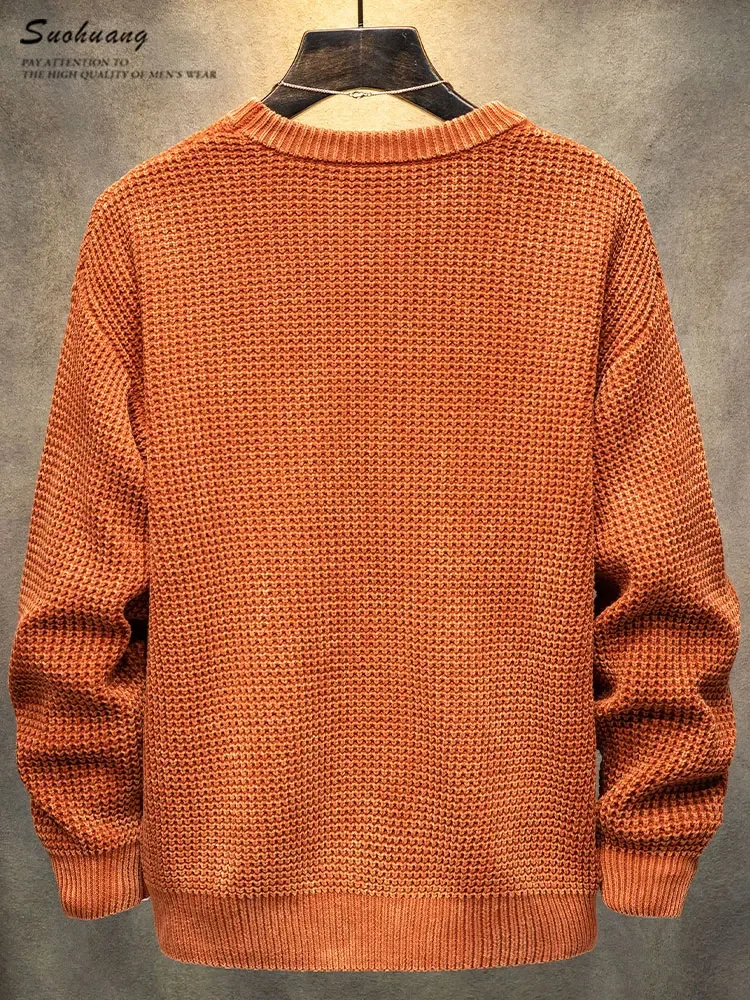 Crew neck sweater men's cotton retro shoulder thick wool spring and autumn loose top knitted solid color fashion Loose versatile