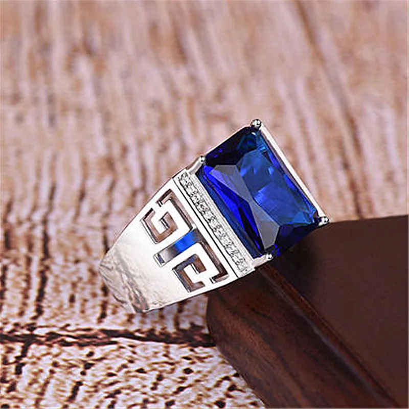 Silver Men's Rings Royal Sapphire Gemstone Jewelry Accessories Open Adjustable Carved Ring Wedding Party Gift