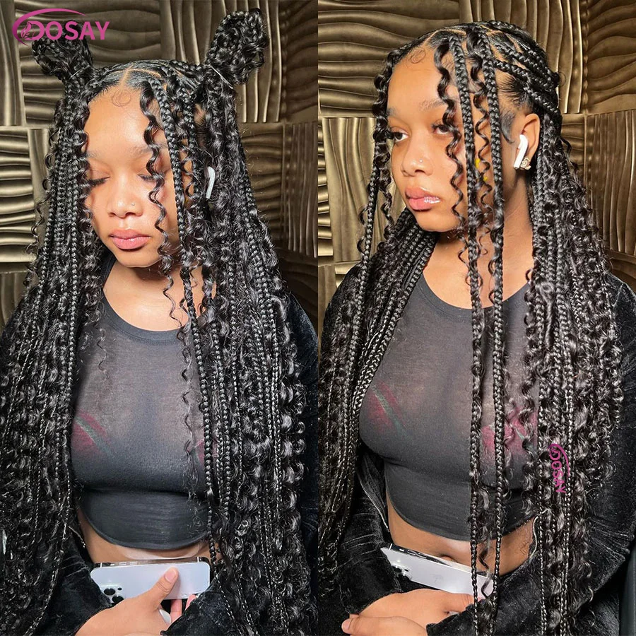 Perruques tressées sans nœuds pour femmes, pleine dentelle tressée bouclée bohème, tresses de déesse cornrows, perruques synthétiques Boho avec boucles, 32 amaran