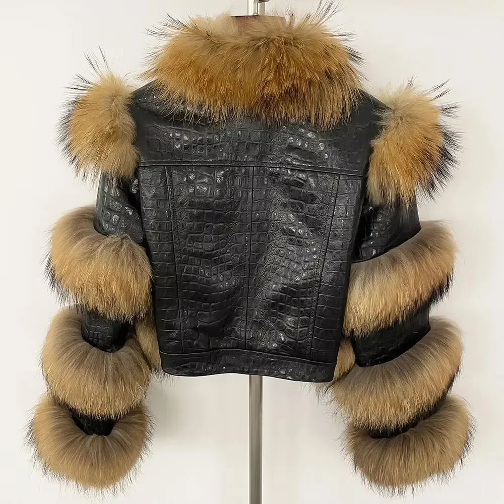 2025 femmes réel manteau de fourrure veste d'hiver en cuir véritable naturel raton laveur renard fourrure veste duvet de canard vêtements d'extérieur épais chaud Streetwear