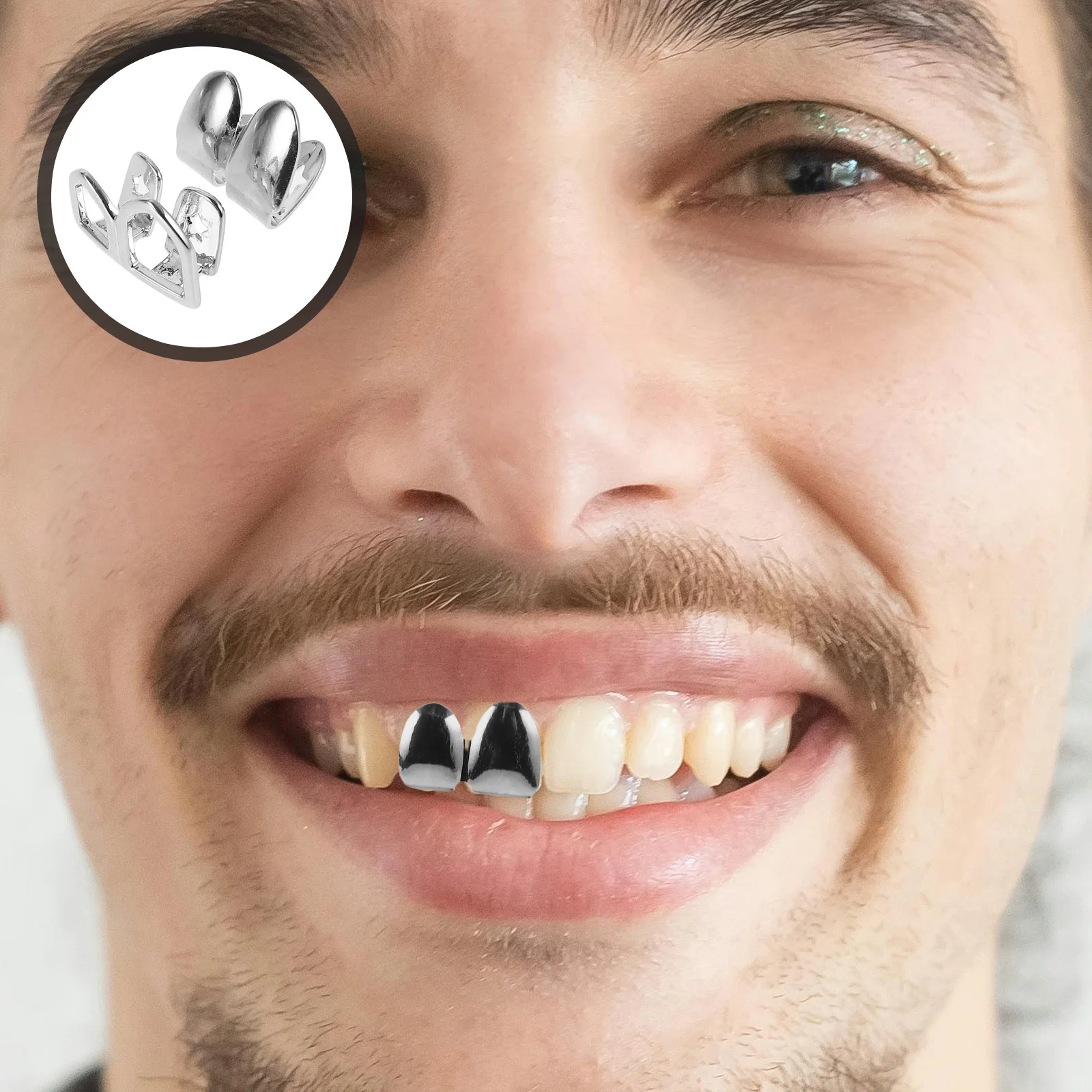 

1Pair Metal Teeth Grill Hip Hop Style Tooth Cap Shiny Finish Comfortable Fit Cosplay Props Rapper Accessory Mouth Jewelry