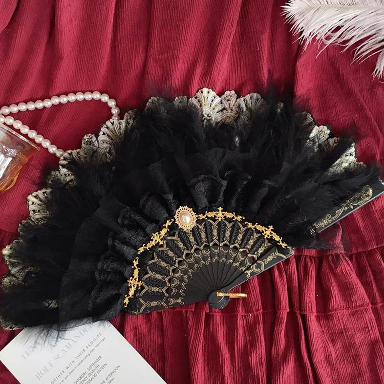 Abanico plegable de plumas Janpenese Sytle Lolita con lazo, dulce Hada, chica gótica oscura, baile de corte, abanico de mano, accesorios de Cosplay