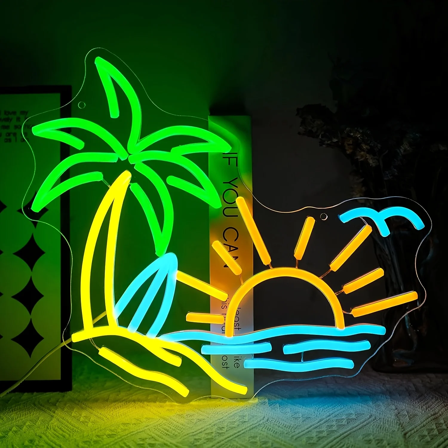 

Vibrant Tropical Neon Sign - Dimmable Coconut Tree & Sun LED Wall Decor, USB Powered, Ideal for Beach-Themed Bars