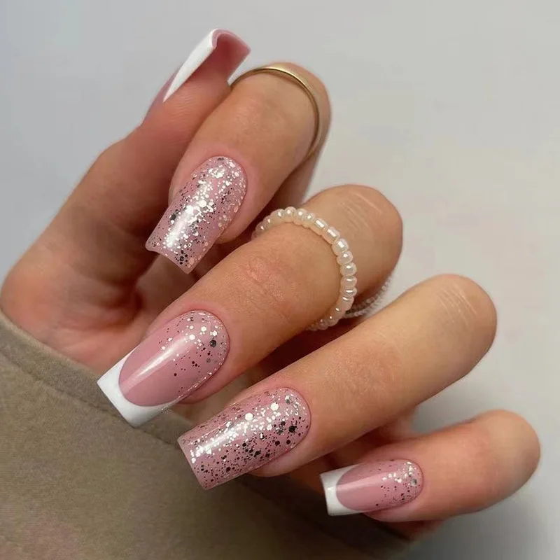 24 pezzi lungo bara stampa sulle unghie semplice balletto unghie finte glitter diamante stick sulle unghie francese ombre copertura completa balletto nail art