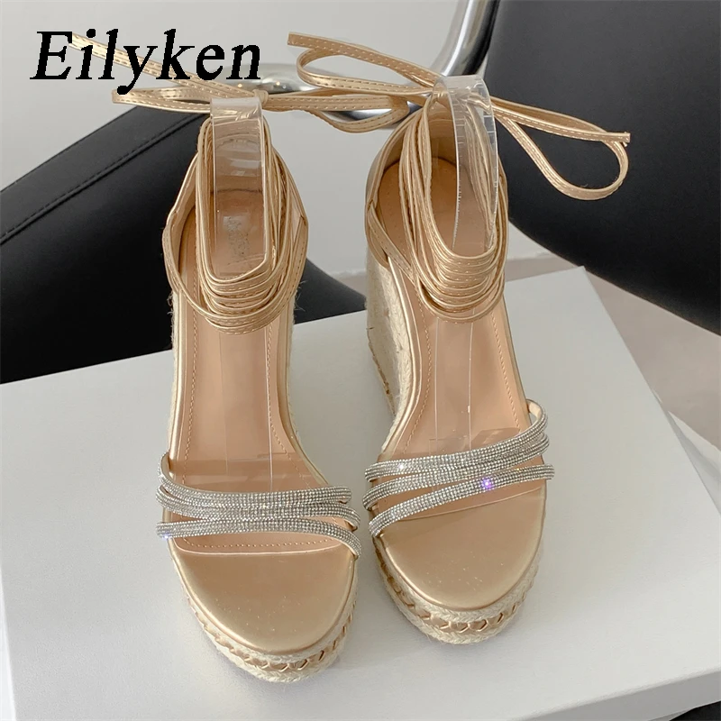 Eilyken Gold Silver Crystal Platform Wedges Sandals Female Summer Fashion Ankle Lace-up Ultra High Heels Gladiator Woman Shoes