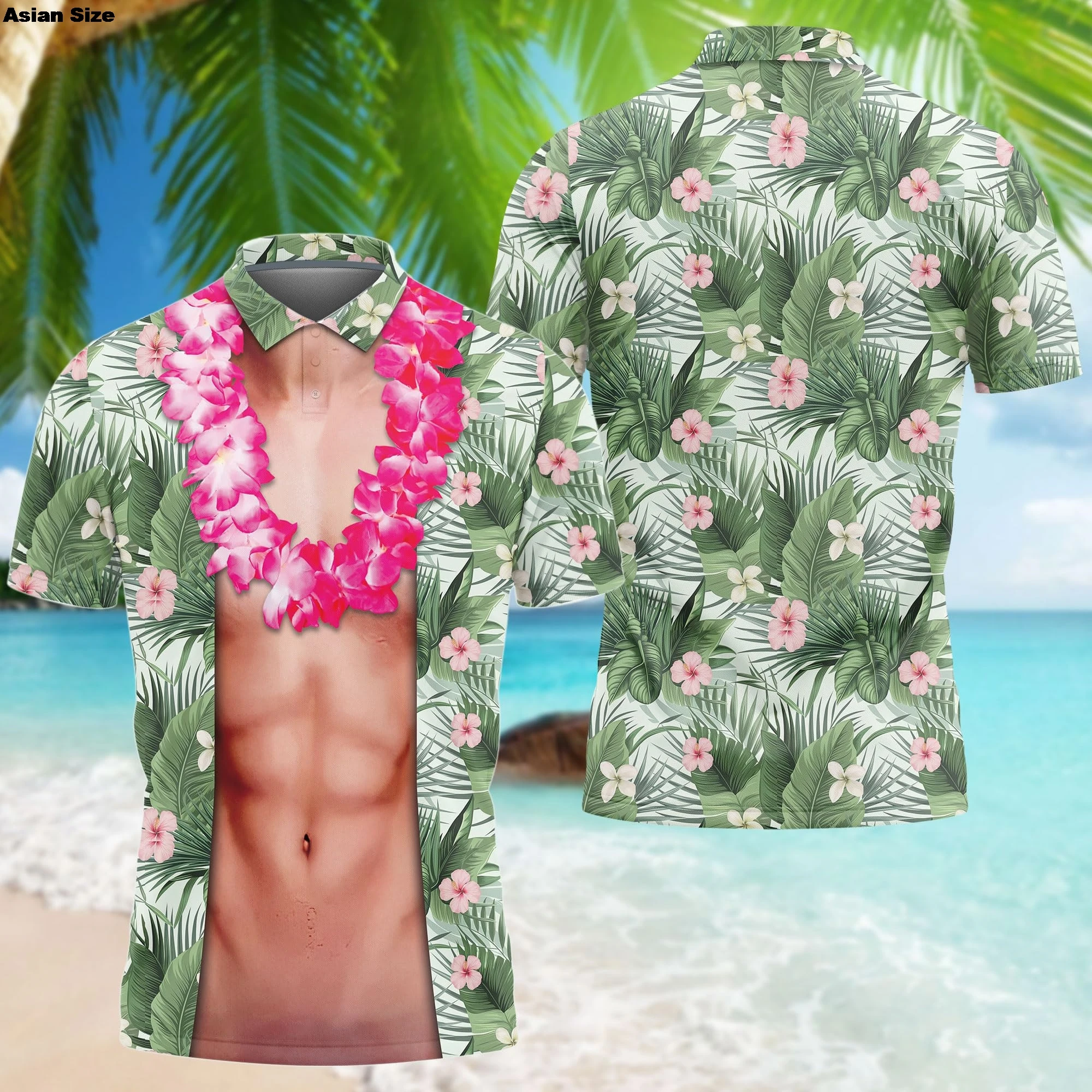 هاواي الصيف قمصان بولو للرجال 3D العضلات الصدر قصيرة الأكمام العادية تناسب قمصان بولو للرجال النساء سلسلة مضحك تصميم الملابس