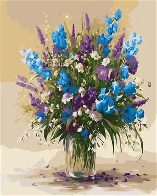CHENISTORY Blue and purple flowers in a glass vase