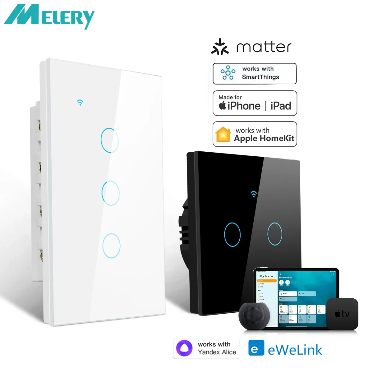 

Melery Apple Homekit Smart Things Light Wall Switch WiFi Touch Sensor Remoted Control by Matter Ewelink Google Home Siri Alexa