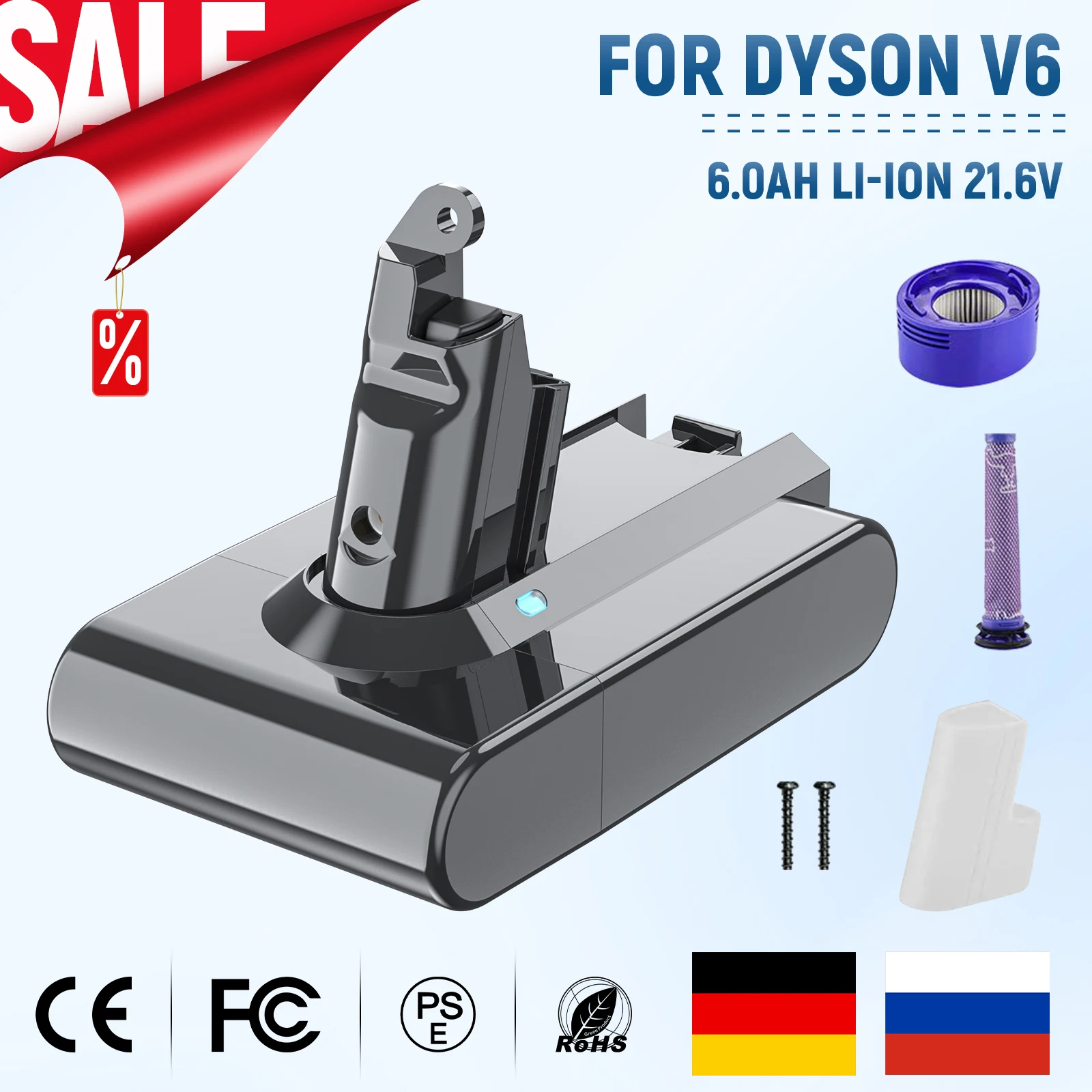 V6 Battery For Dyson, 21.6V 6800mAh Battery For Dyson V6 Vacuum Cleaner DC58,DC59,DC62,650,770,880,SV03,SV04,SV05,SV06,SV07,SV09