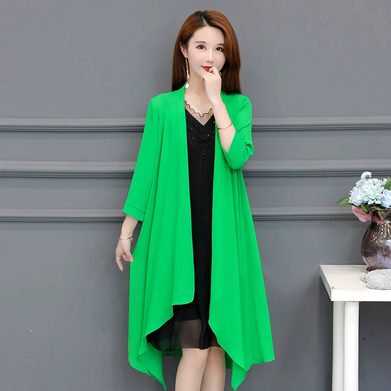 2024 Summer Sun Protection Clothes Women Casual Chiffon Cardigan Coat Large Size Thin Outerwear Mother Solid Long Shawl Shirts