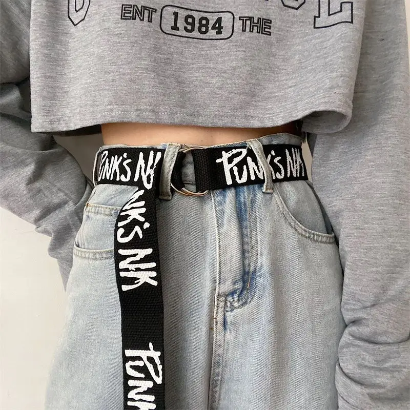 Fashion Casual Canvas Letter Belt Women Men Metal Double Ring D Buckle Waist Strap Student Youth Jeans Waistband