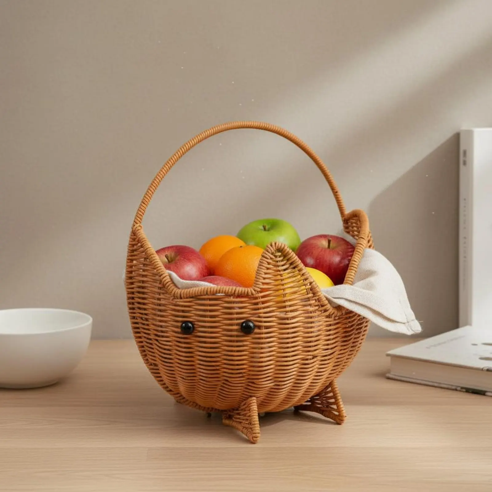 

Feline-Shaped Wicker Basket Multi-Use Feline Face Hand Basket Decorative Soft and Structured for Gift Giving