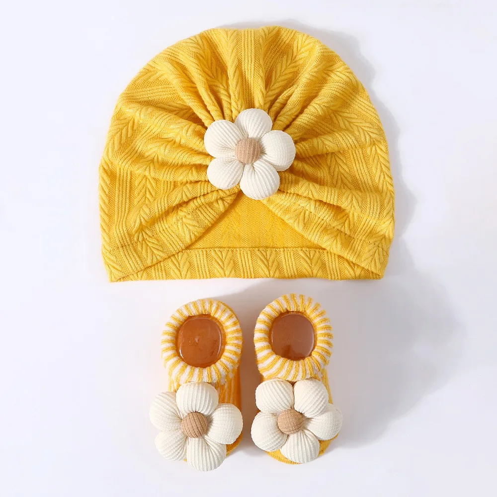 

Flower Infant Turban Hat Socks Set Elastic Breathable Baby Headscarf Hat Lightweight Soft Cotton Hat Sock Set Newborn Supplies