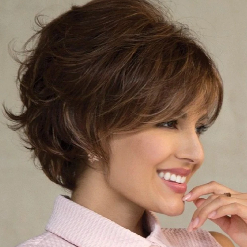 

Synthetic Hair Short Curly Wig Brown Mixed Blonde with Bangs for White Women Daily Party Use Hair Wigs