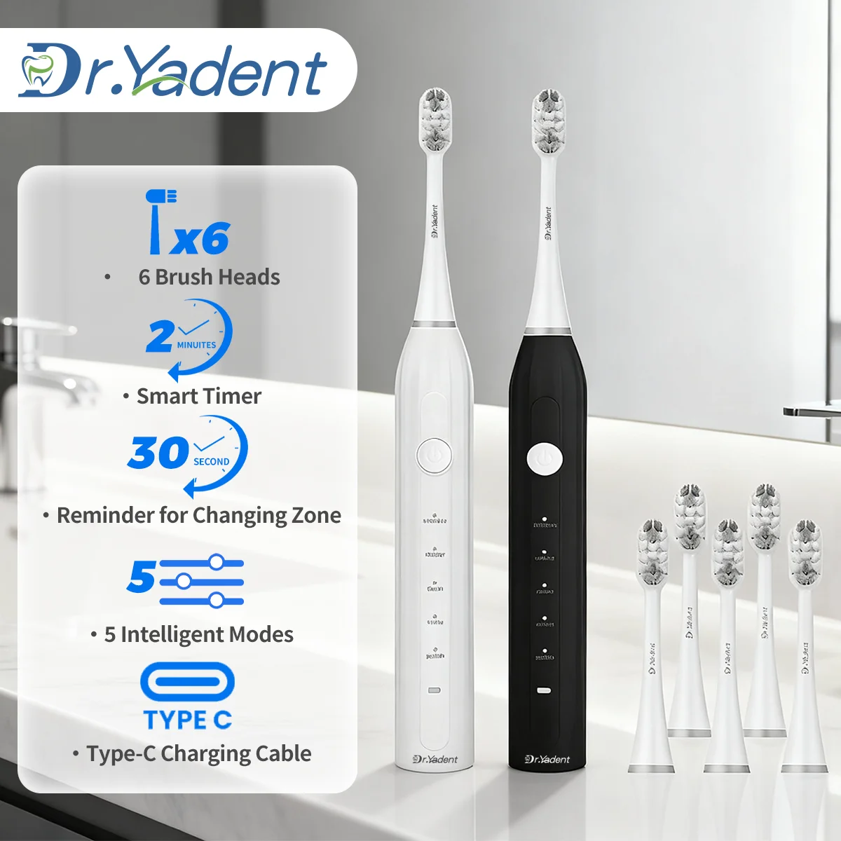 

Dr.Yadent YD02 Electric Sonic Toothbrush for Adult Soft-Bristle USB Rechargeable 6 Brush Heads 5 Modes 2-Minute Smart Timer