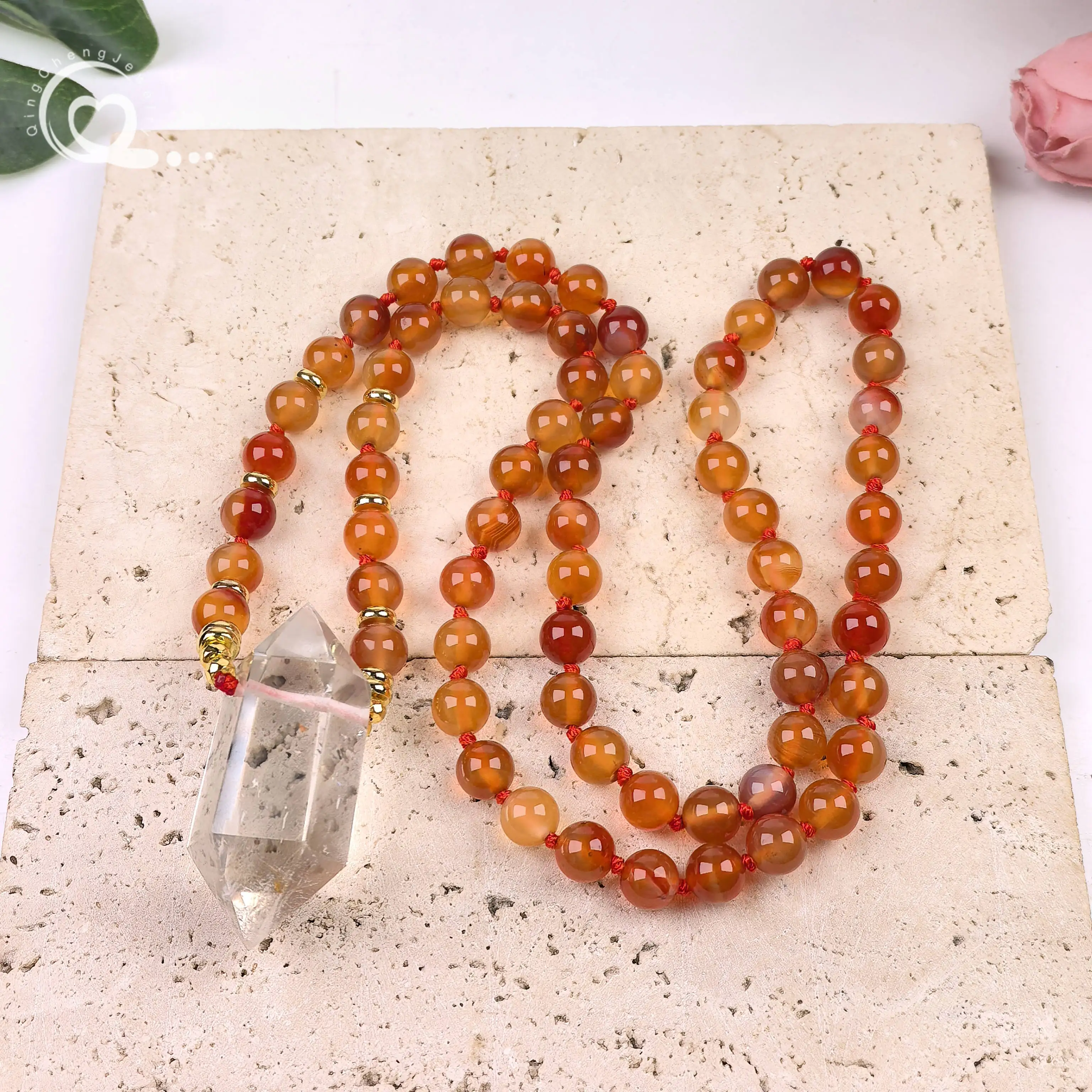 

Red Agate Round Beads Yoga Mala Prayer Necklaces White Quartz Crystal Double Point Pendant Knotted Handmade Women Jewelry,QC0193