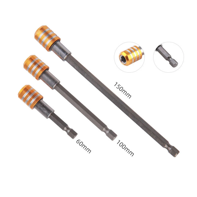 3PC stainless steel socket extension rod yellow three slot extension rod 1/4 bit quick change socket 60-100-150mm