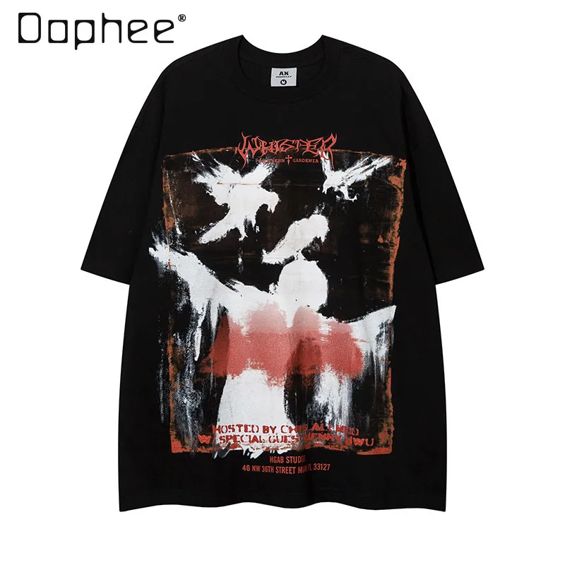 Summer New Dark Gothic High Street Hip Hop Style Men's Crow Character Letter Graffiti Print Round Neck Short Sleeve T-Shirt