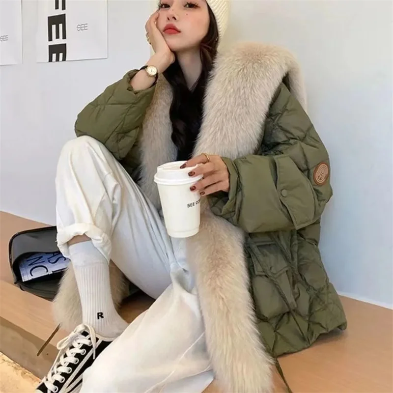 2024 New Down Cotton Jacket Fur For Women Faux Fox Fur Navy Collar Overcoming Jacket For Women Mid Length Insulation Commuting