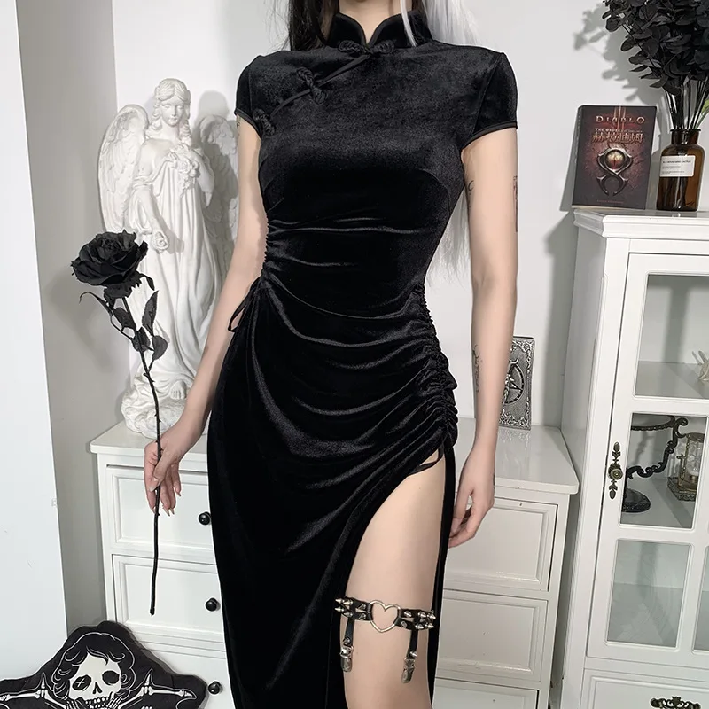 Chinese Stand Collar Gothic Dress Cheongsam Dresses Vintage Women Black Bandage Slit Hem Sexy Evening Qipao Dress Long Vestidos