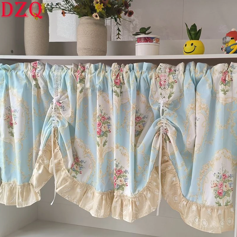 Wave Blue Embroidered Flowers Window Valance Living Room Elegant Lace Curtain Valance Lace Tape Short Curtains Kitchen #A378