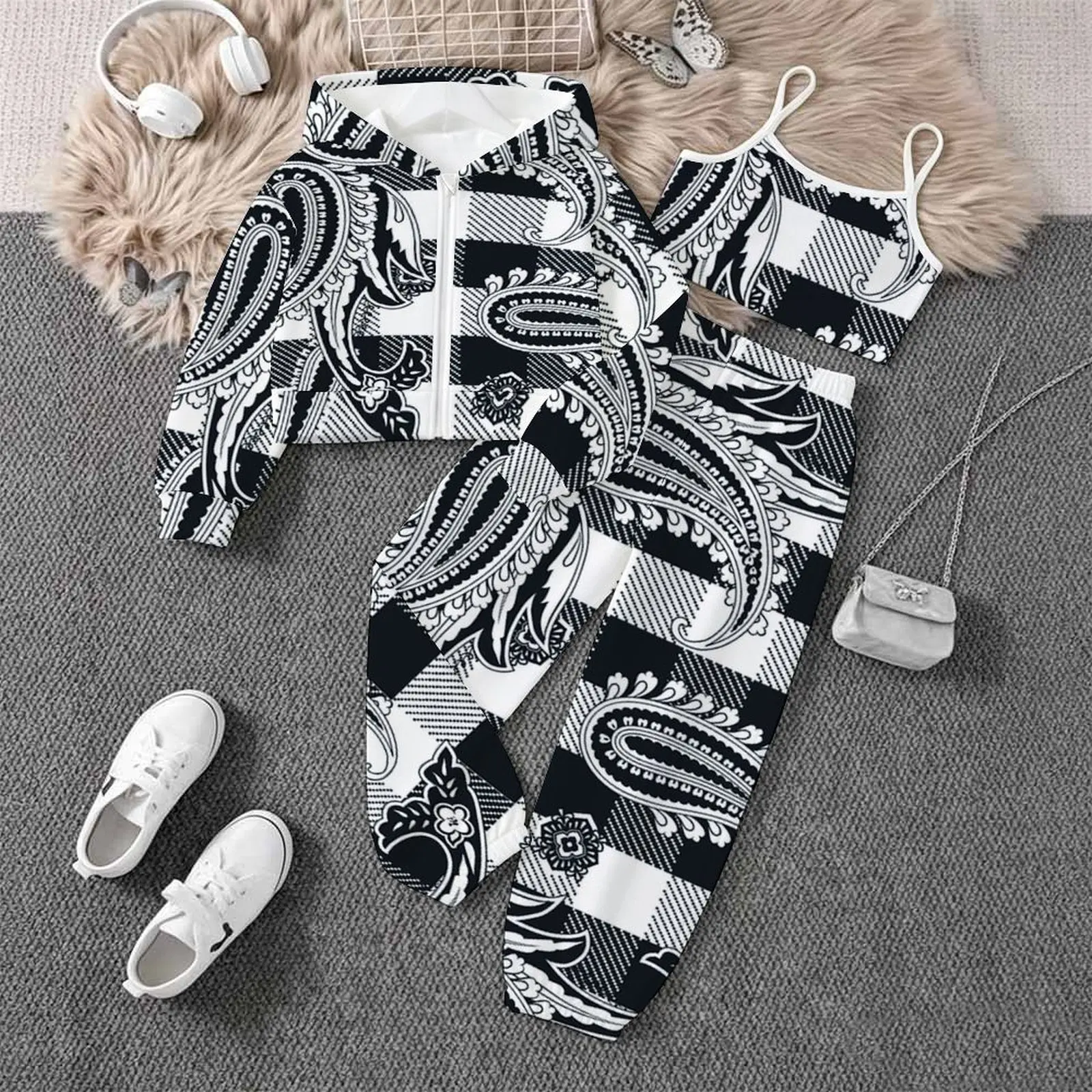 Autumn Winter Girls' Printed Three Piece Fashion Coat All Hallows' Day Vest Daily Pants Children's Jogging Pants Casual Pants
