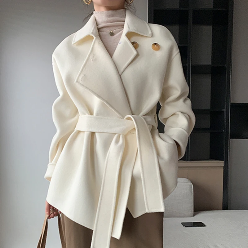 White Short Double-sided 100% Wool Coat Women Loose New Autumn Winter Warm Fashion Lace-up Long-sleeve Wool Coat Feamle Overcoat