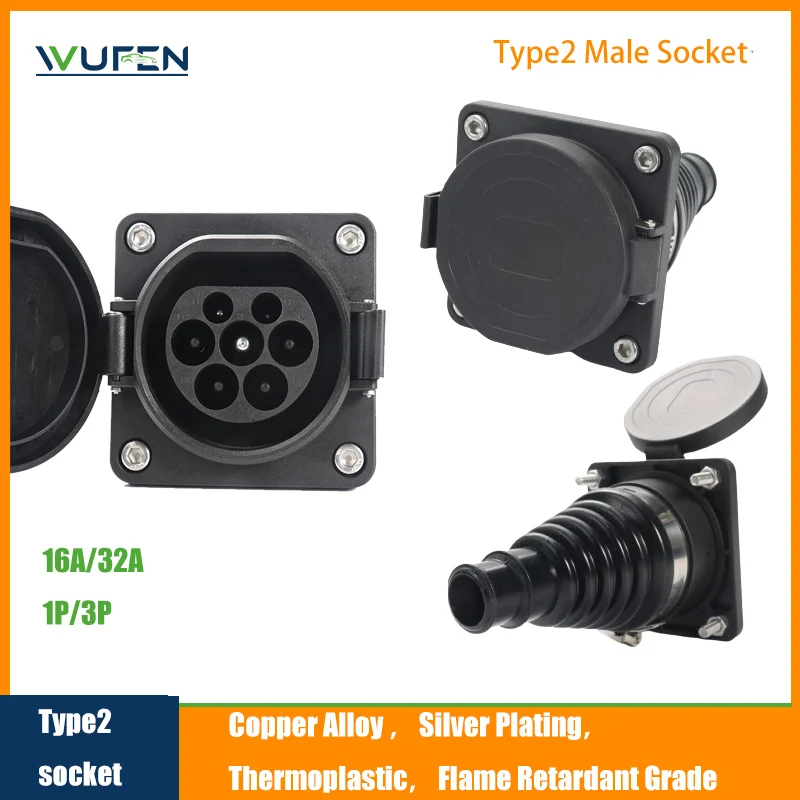 WUFEN Electric Vehicle Cars Charging Evse  Male Type 2 EV Sockets 16A-32A 1P 3 Phase for IEC 62196-2 EV Charger Adaptor Plug