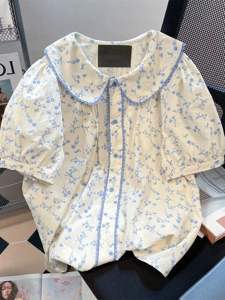 Bloemen Vintage Vrouwen Shirt Casual Losse Korte Mouw Elegante Franse Blouse Zoete Retro Leuke Peter Pan Kraag Tops Zomer