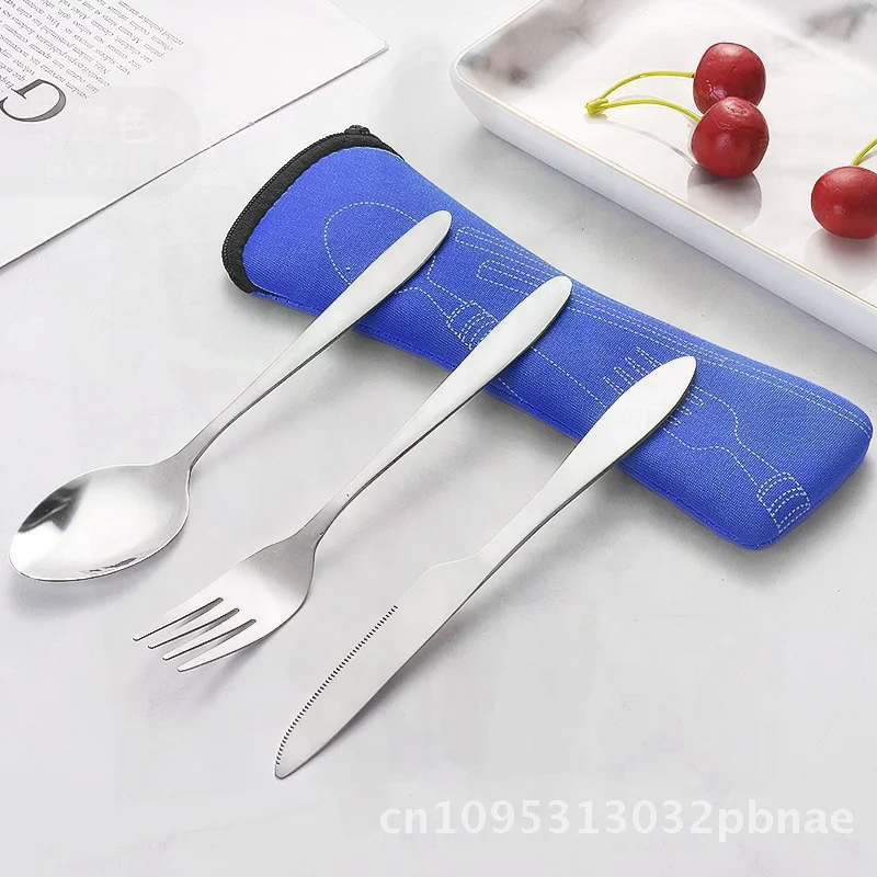 Stainless Steel 3-Piece Dining Set - Western-Style Knife Fork Spoon with Cloth Bag Portable Minimalist Tableware Gift Set