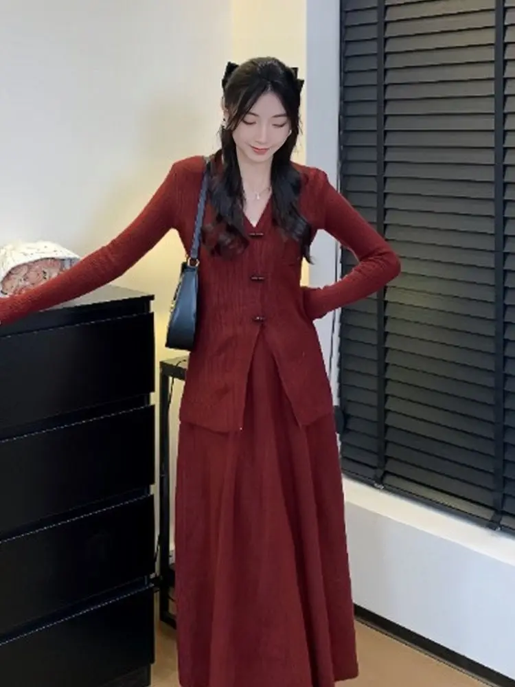 女性用ニットカーディガンセーターとスカートセット,エレガント,モノクロ,十分なロングスカート,パーティースーツ,Vネック,女性用ファッション,2ピースセット,秋,2024