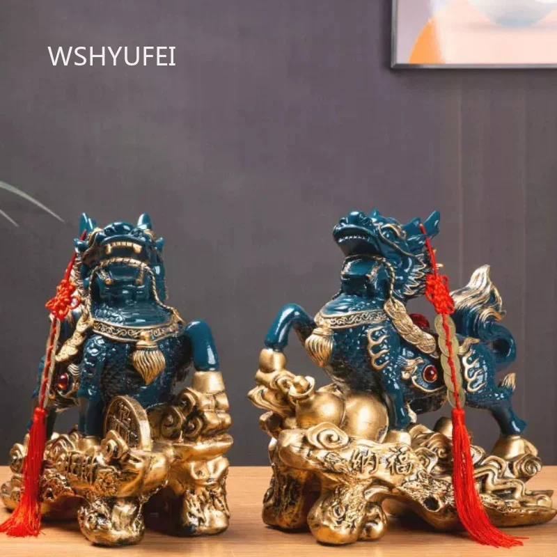 2pcs Feng Shui Pixiu Statues Chinese Wealth Pi Xiu Figurines with Coin Tassels Lucky Home Office Decor for Prosperity