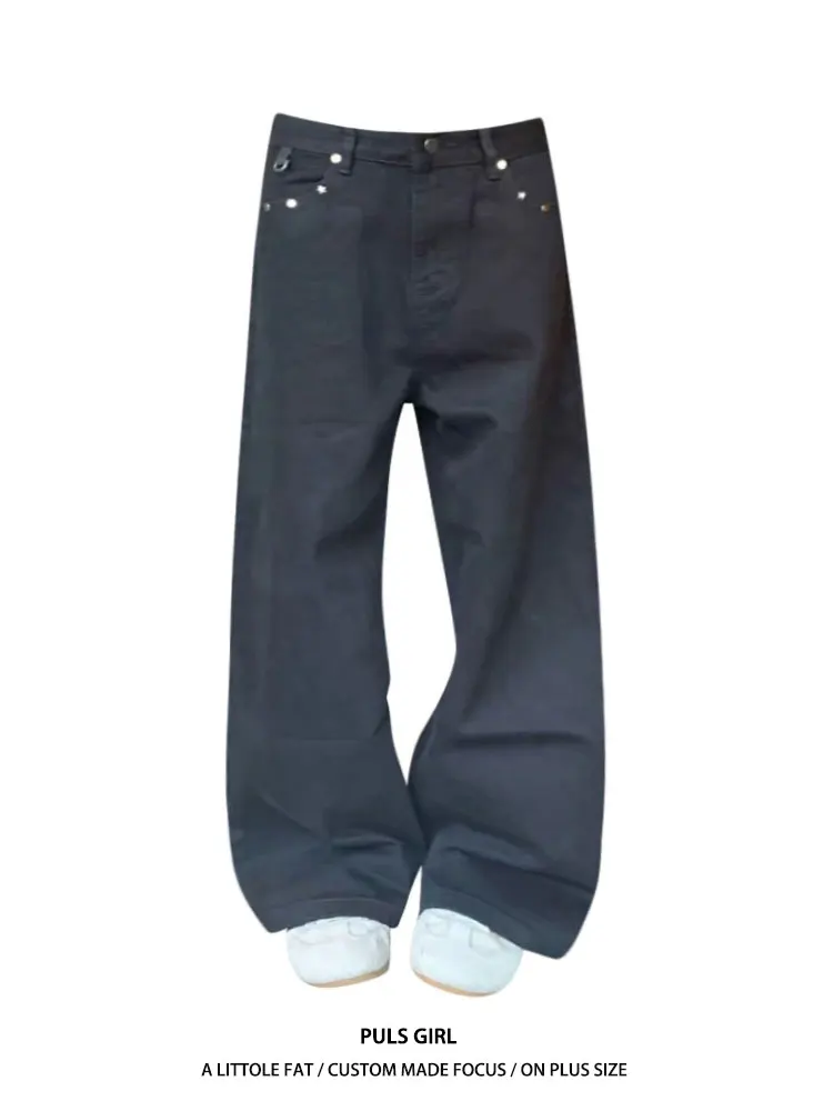 

Retro American Large Size Jeans Women's Loose Straight Leg Pants High Waist Washed Rivet Design Simple Match All Seasons
