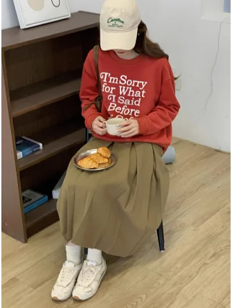 Pleated Midi Skirt for Women Lady Elegant Belted A-Line Skirt Chic Slim Winter Outfit Bottom High-Waist Style Vintage Warm Look