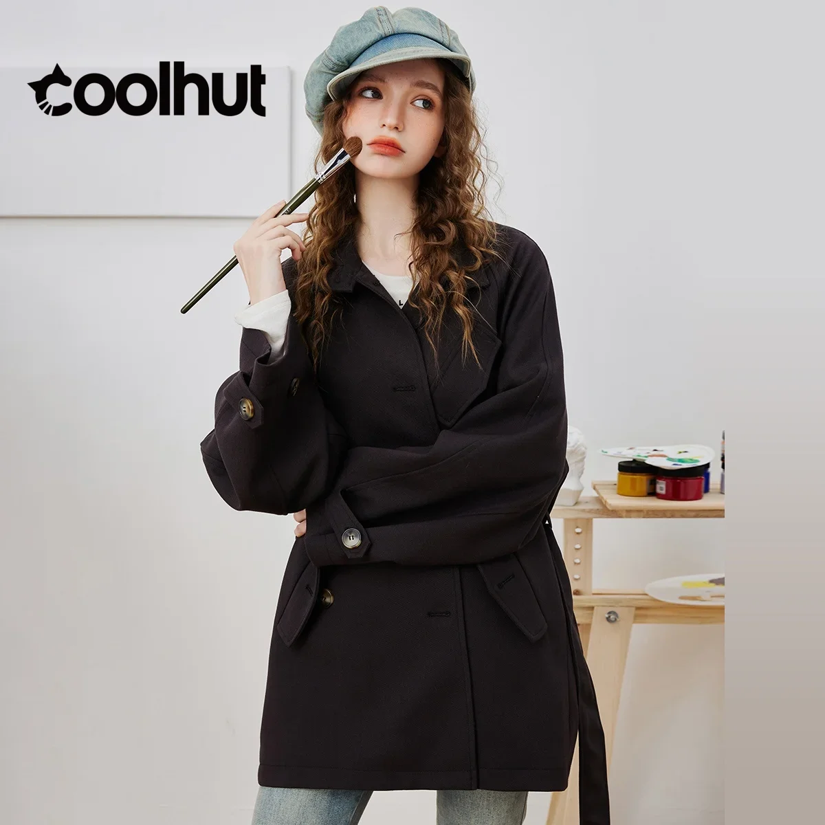 Cooler nova chegada feminina 2025 trench coat com cinto cintura meados de comprimento gola mangas raglan elegante outono outerwear
