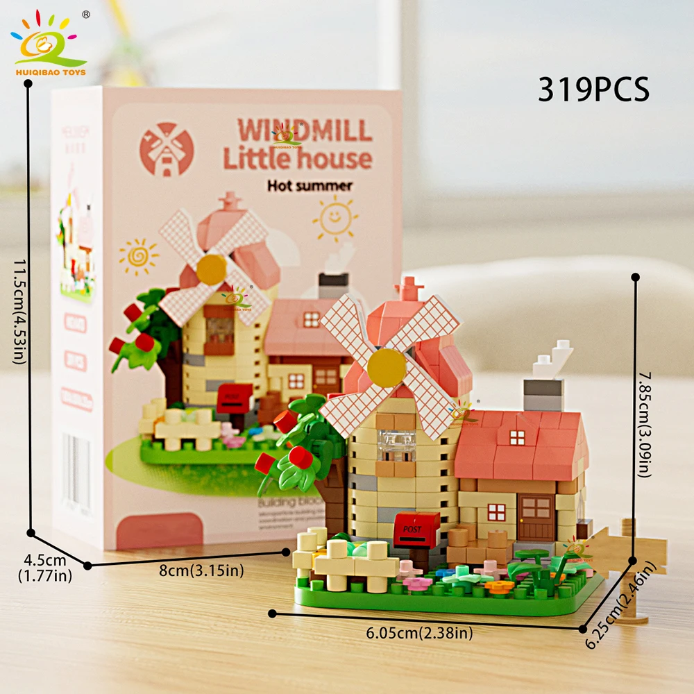HUIQIBAO mignon MOC moulin à vent maison modèle Micro bloc de construction vue sur la rue modèle Mini brique jouet pour enfants bureau décoration de la maison