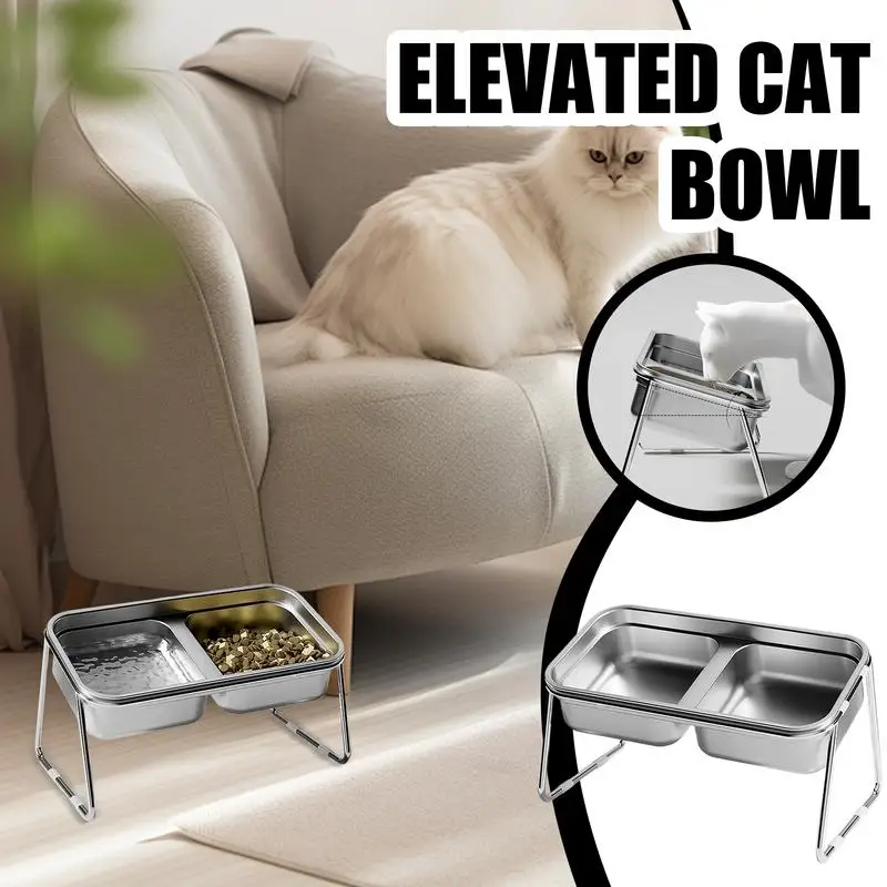 Raised Cat Bowls Double Bowl Stainless Steel Raised Cat Bowls For Indoor Cats 15 Degree Inclined Cat Food And Water Bowl Pet