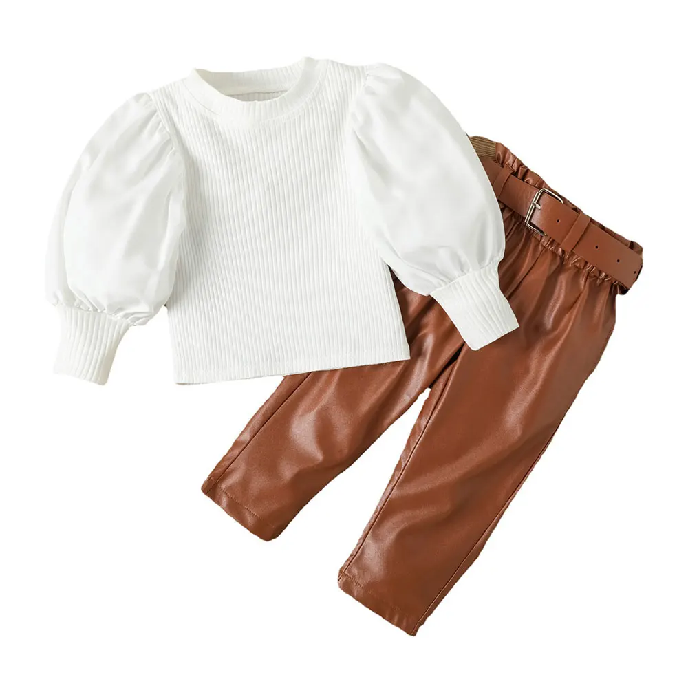 Toddler Girl Clothes Puff Sleeve Tops + Leather Pants 2Pcs Fall Outfits for Girls Fashion Clothing Set