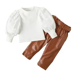 Toddler Girl Clothes Puff Sleeve Tops + Leather Pants 2Pcs Fall Outfits for Girls Fashion Clothing Set