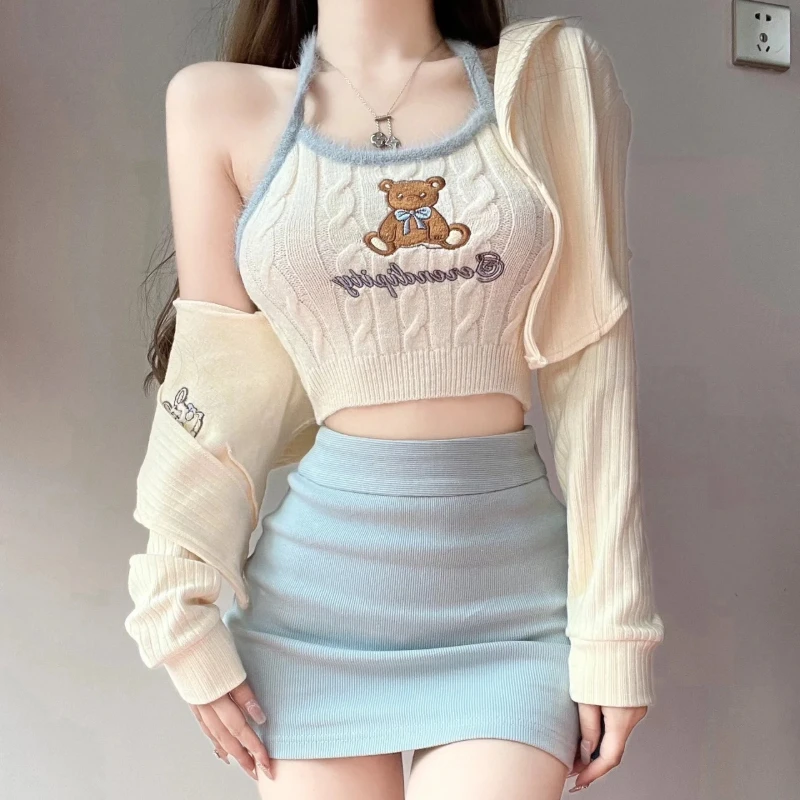 Blue Korean Style Three -piece Set Women Bodycon Elegant Sexy Party Mini Skirt Suit 2023 Y2k Knit Coat Kawaii Lolita Camis Tops