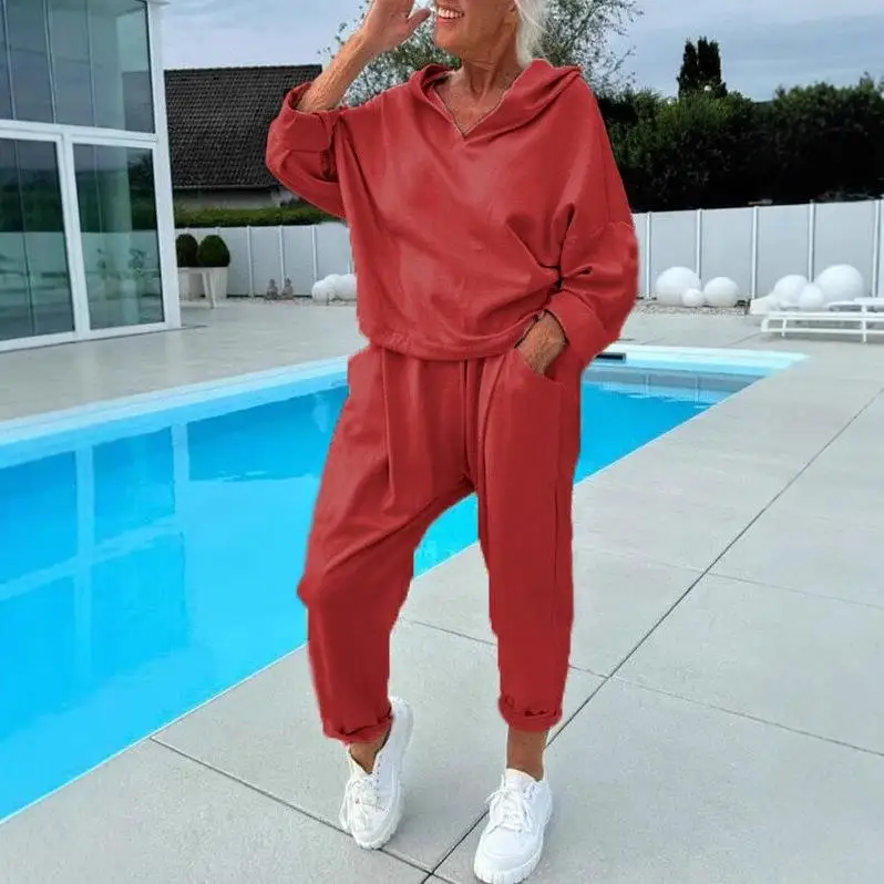 

Women's Hooded Sports irt Long Sve Ele Sle Autumn Faion Set Two Pieces Long Pants Comfortable Breathable Casual ...