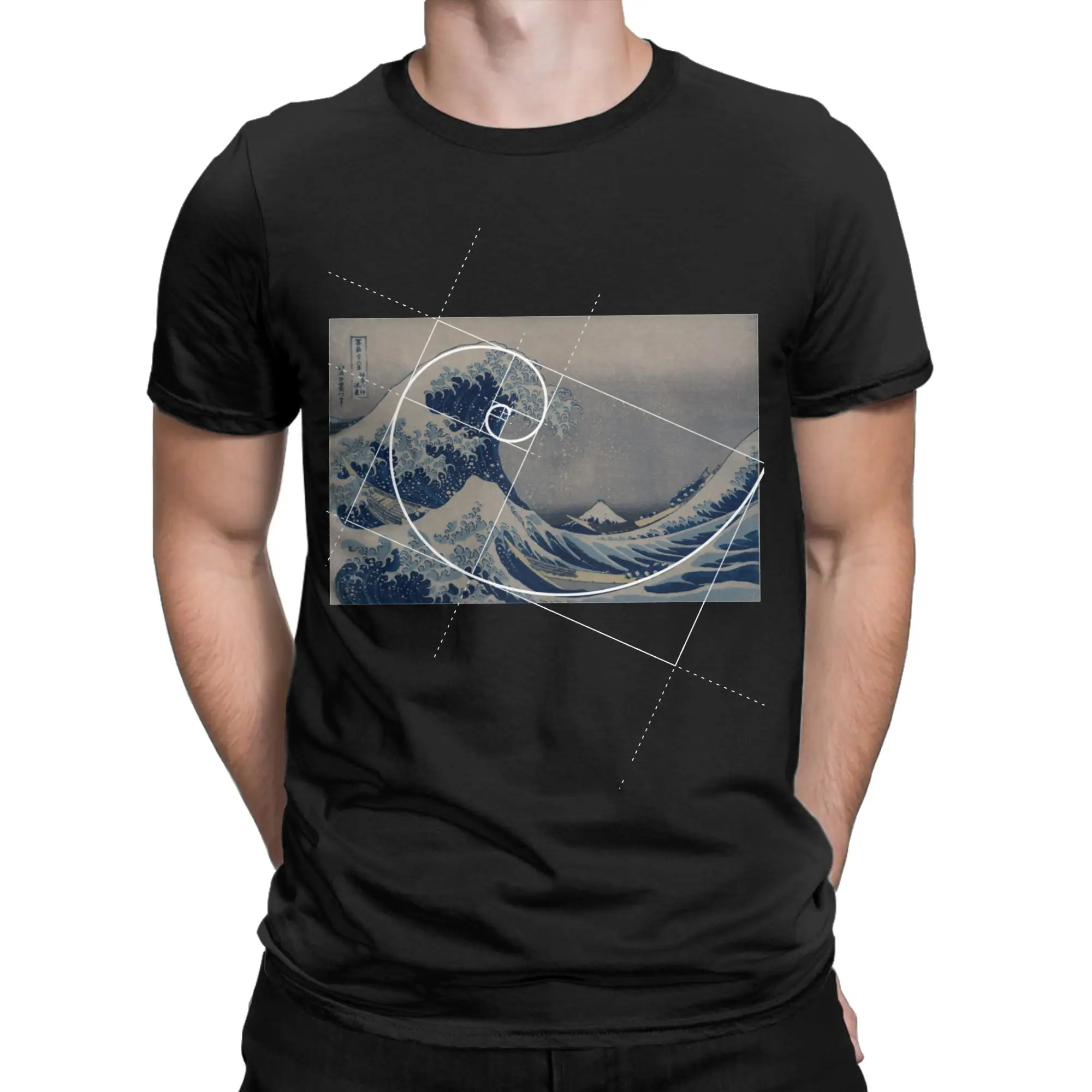 Vintage Hokusai Meets Fibonacci Sequence Tshirts Men Short Sleeve Tops Golden Ratio Math Technical Geek Cotton Summer Top Tee