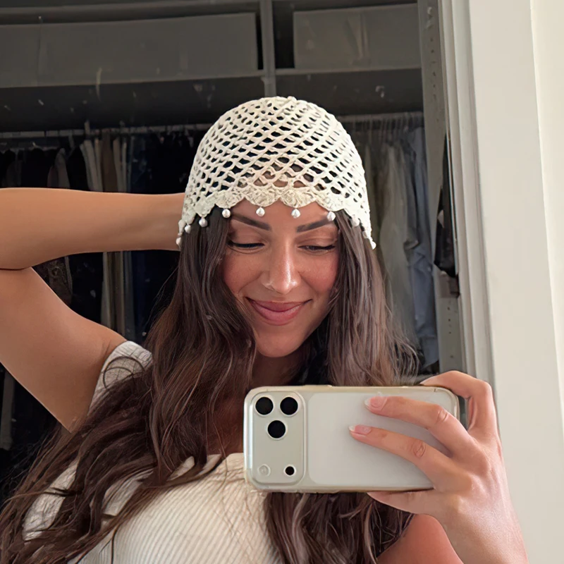 Novo Gorro de Pérolas para Mulheres, Moda de Verão, Gorro de Crochê Vazado Feito à Mão, Respirável, Gorro de Malha, Gorro Tipo Touca