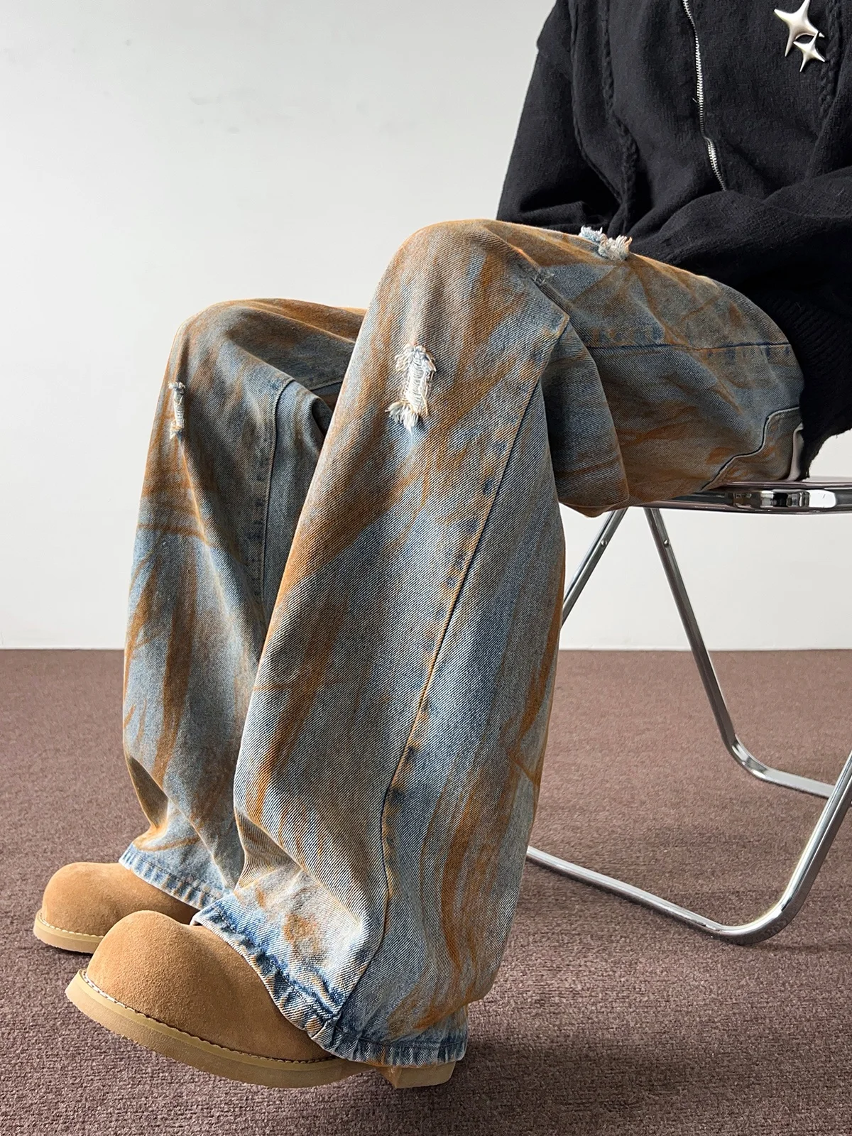 

Spring Autumn Men's Straight Leg Jeans Dyeing Hole American Sle Casual Hip Hop High Street Pants Low Waist Zipper Fly