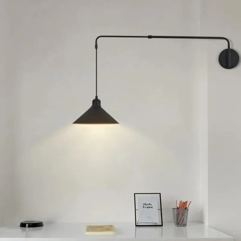 Modern Minimalist Long Pole Swing Arm Black Wall Lamp Adjustable Rotating Adjustment Bedside Lamp Bedroom Living Room Lighting