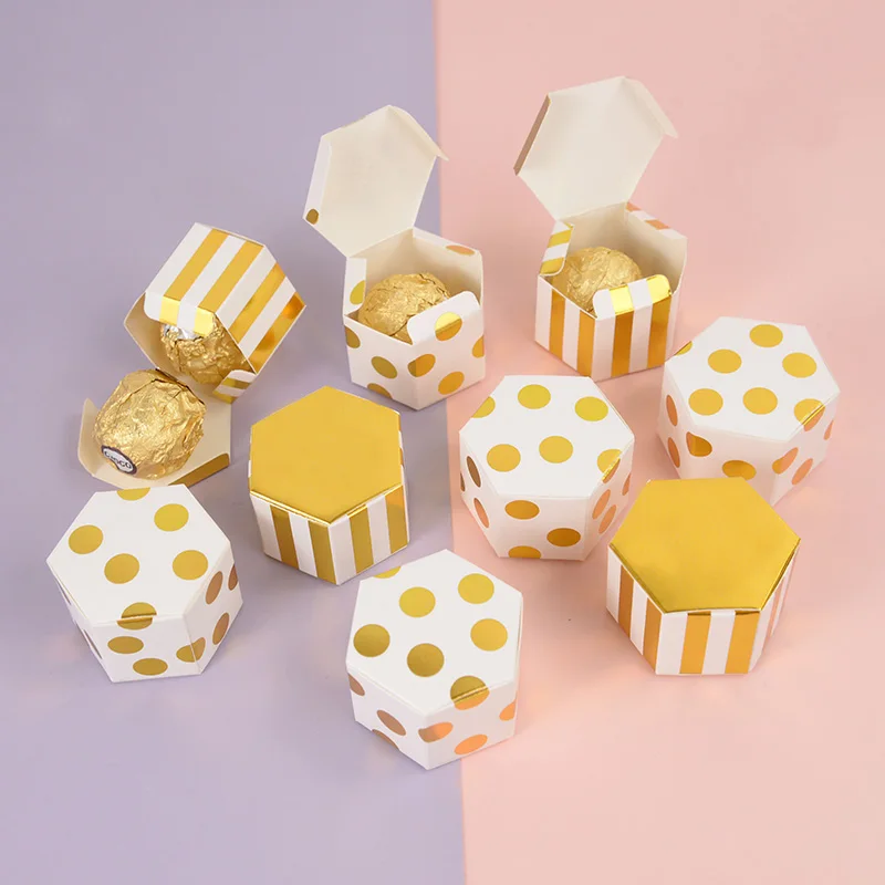 10/20/30pcs Mini Lovely Gold Polka Dot Striped Hexagonal Paper Candy Boxes Baby Shower Gift Box Birthday Wedding Party Favor Box