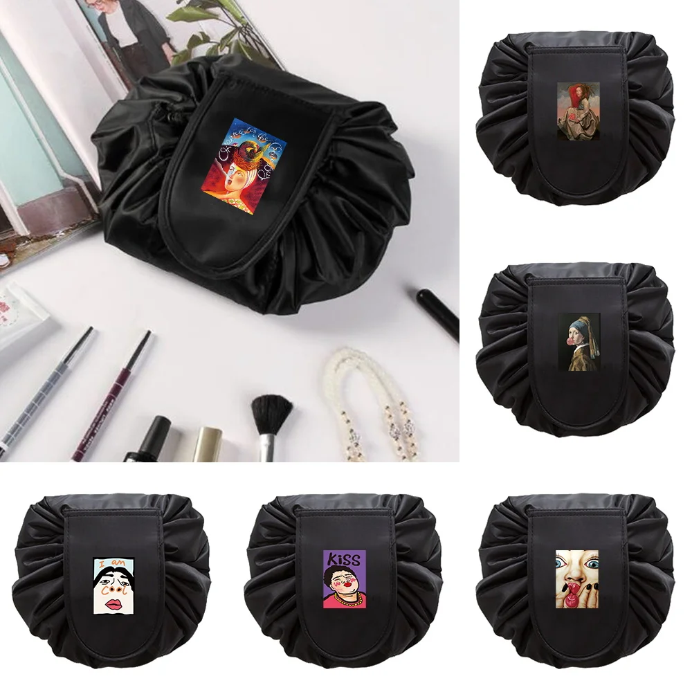 

Lazy Drawstring Cosmetic Bag Travel Artifact Wash Storage Bag Funny Printed Makeup Bag Bathroom Fashion Women Cosmetic Organizer
