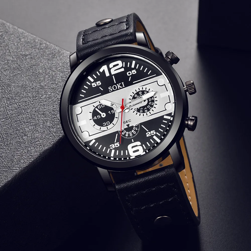 Couple Fashion Leather Band Analog Quartz Round Wrist Business men\'s watch