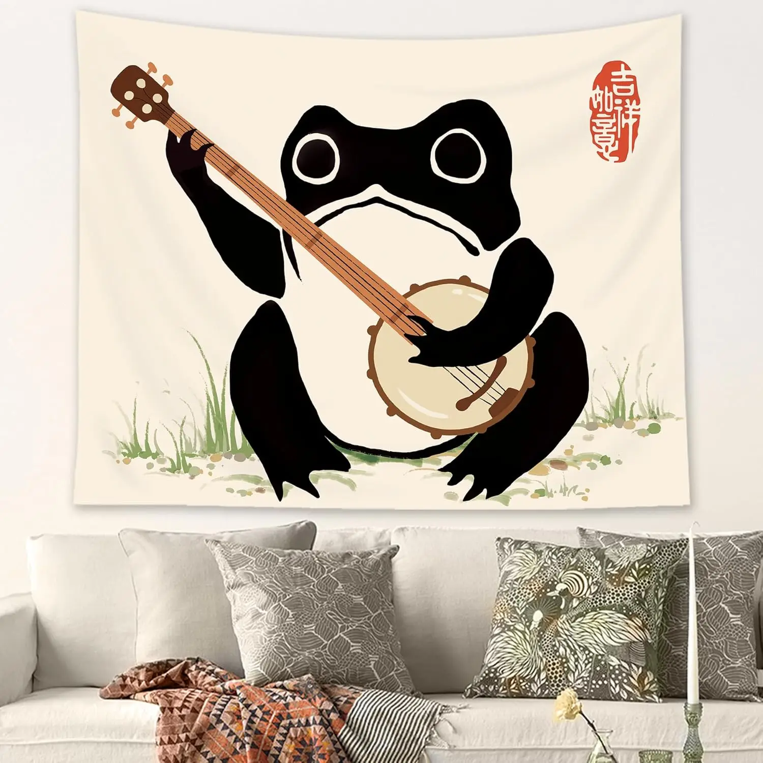 Divertido tapiz colgante de pared de tela de rana estilo japonés asiático Boho lindo Animal jugando Banjo Vintage arte tradicional Retro negro